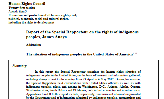 Report of the Special Rapporteur on the situation of indigenous peoples in the United States (United Nations, 2012)
