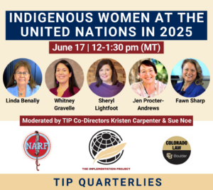 The Next Quarterly Meeting is Tuesday, June 17, 2025 12:00 – 1:30 PM (MT) In celebration of the critical contributions of Indigenous Women at the UN, please join us for a virtual discussion of international diplomacy on issues of Biopiracy, Traditional Knowledge, Transboundary Advocacy, Indigenous Economies, Language, Health and more! We’ll also provide updates on recent sessions of the UN Permanent Forum on Indigenous Issues and the World Intellectual Property Organization, and preview the upcoming session of the Expert Mechanism on the Rights of Indigenous Peoples (EMRIP). To receive the Zoom link you must register at this link: https://forms.gle/EWoNMxcgj5KWEUQ89. Or email declaration@narf.org for assistance. All are welcome to drop in as schedules permit, and the meeting will be recorded.