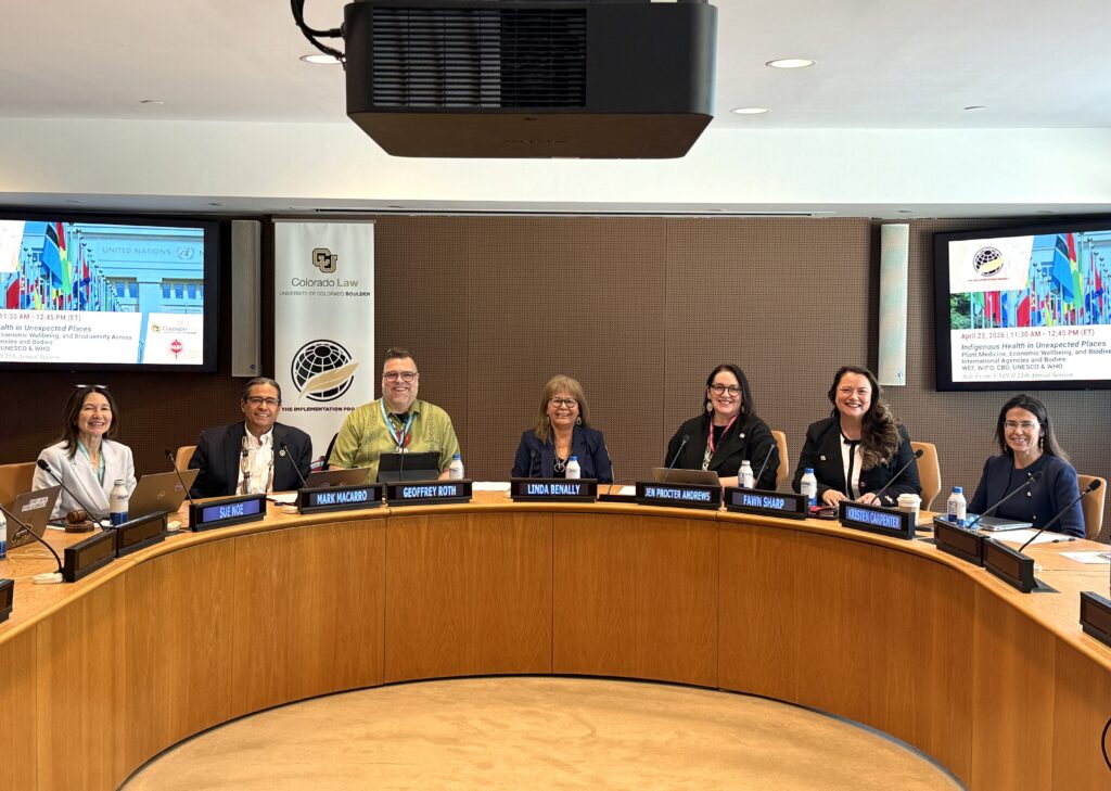 Sue Noe, TIP Co-Director; Pres. Mark Macarro, President of the National Congress of American Indians and Tribal Chairman of the Pechanga Band of Indians; Geoffrey Roth, Board Chair of the Indigenous Determinants of Health Alliance; Linda Benally, Advisor to the Native American Church - State of New Mexico; Vice Chair Jen Procter Andrews, Advisor for the UNESCO Global Task Force for Making a Decade of Indigenous Languages and Vice Chair of the Coquille Indian Tribe; Fawn Sharp, Councilmember on the WEF Global Future Council on Natural Capital; and Kristen Carpenter, TIP Co-Director.