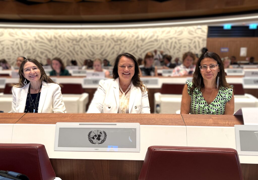 Ms. Sue Noe, Fmr. President Fawn Sharp, and Prof. Kristen Carpenter preparing to deliver a statement at EMRIP.