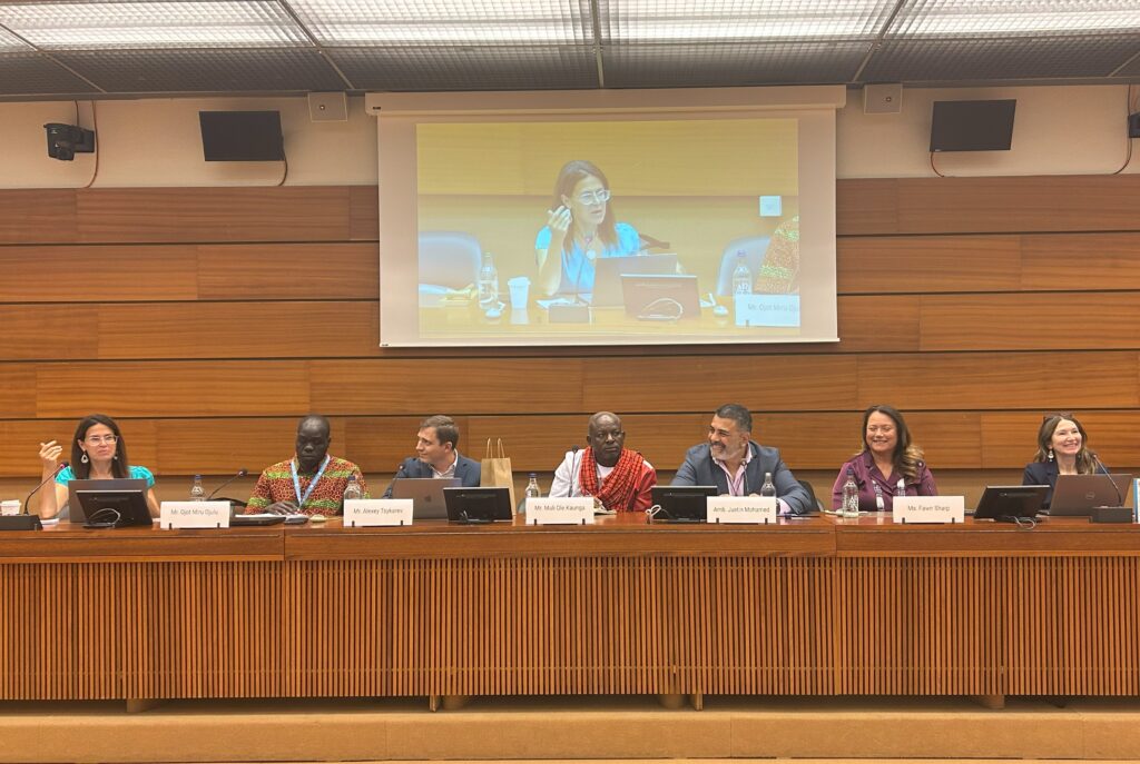 Panelists during side event: Prof. Kristen Carpenter, Dr. Ojot Miru Ojulu, Mr. Alexey Tsykarev, Mr. Mali Ole Kaunga, Amb. Justin Mohamed, Fmr. President Fawn Sharp, Ms. Sue Noe