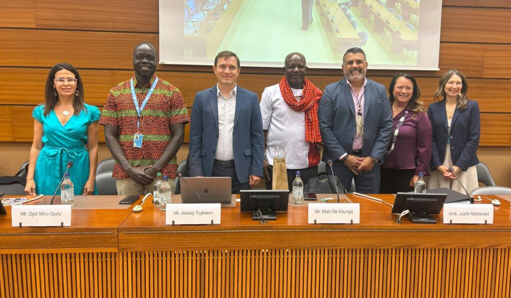 TIP side event panelists: Prof. Kristen Carpenter, Dr. Ojot Miru Ojulu, Mr. Alexey Tsykarev, Mr. Mali Ole Kaunga, Amb. Justin Mohamed, Fmr. President Fawn Sharp, Ms. Sue Noe