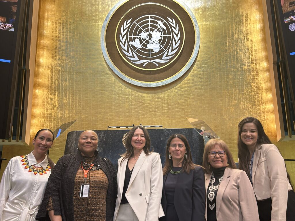 TIP team and partners at the 25th Session of the UNPFII: Heidi Todacheene, former Senior Advisor on Indigenous and International Issues for the U.S. Department of the Interior; Lolita Buckner Inniss, Dean of University of Colorado Law School; Sue Noe, TIP Co-Director and Senior Staff Attorney for Native American Rights Fund; Kristen Carpenter, TIP Co-Director, Distinguished Professor and American Indian Law Program Director at University of Colorado Law School; Linda Benally, Advisor to the Native American Church – State of New Mexico; and Danielle Pourier, TIP Coordinator.