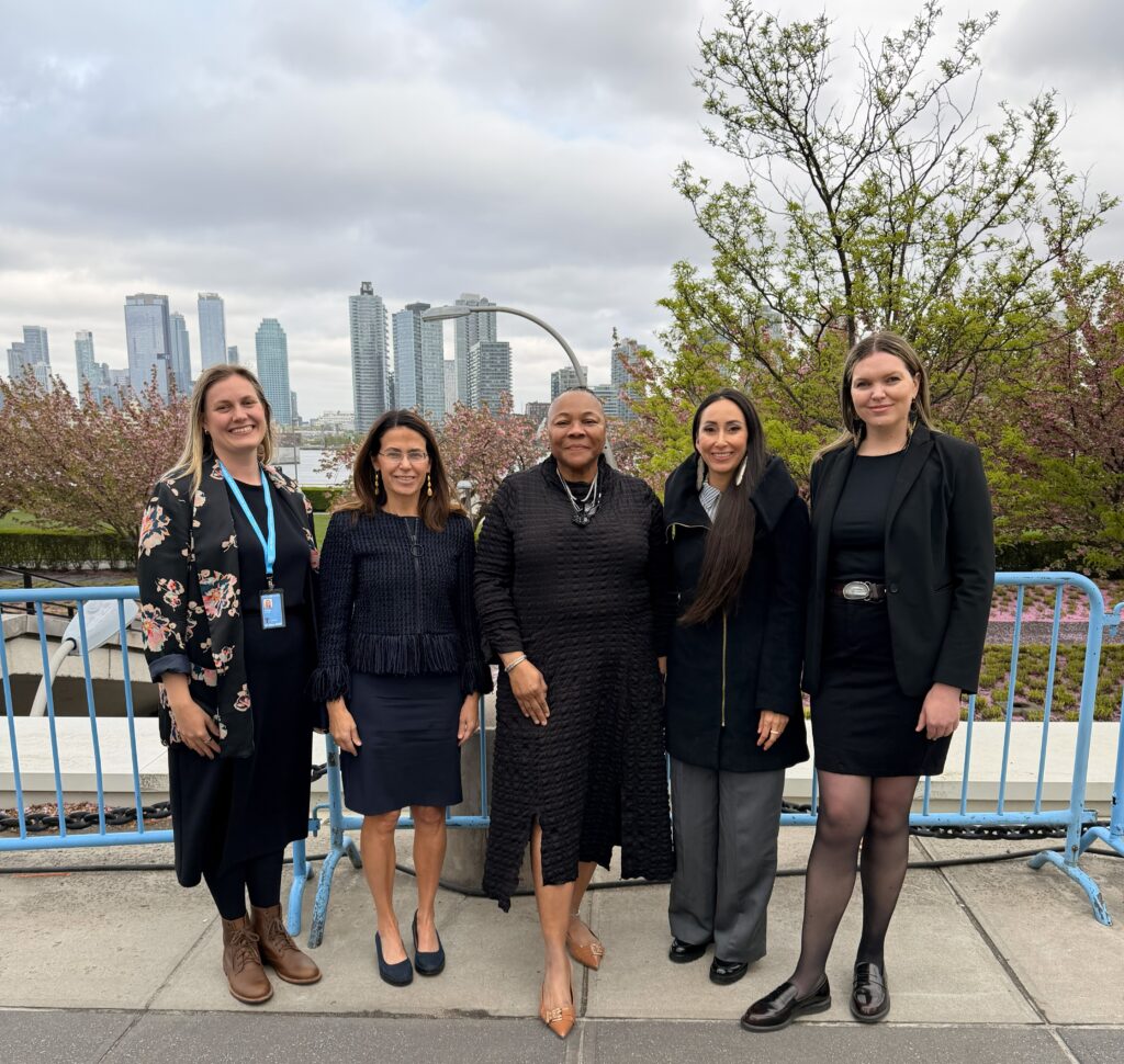 TIP team and partners at the UN Headquarters. Christina Stanton, Associate Professor of Clinical Law at Colorado Law; Kristen Carpenter, TIP Co-Director, Distinguished Professor and American Indian Law Program Director at Colorado Law; Lolita Buckner Inniss, Dean of Colorado Law; Heidi Todacheene, former Senior Advisor on Indigenous and International Issues for the U.S. Department of the Interior, and Hannah Ahders, University of Colorado American Indian Law Program Fellow.