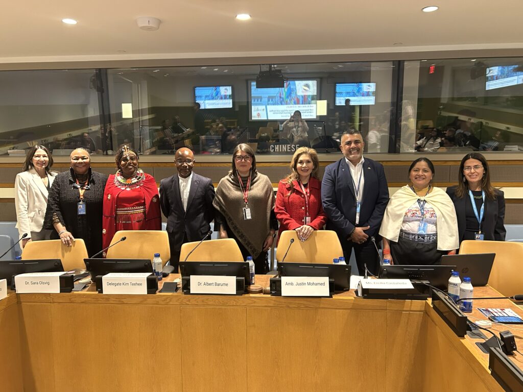 Sue Noe, TIP Co-Director; Lolita Buckner Inniss, Dean of the University of Colorado Law School; Jane Meriwas, Chair of the Board of Trustees of the UN Voluntary Fund for Indigenous Peoples; Dr. Albert K. Barume, United Nations Special Rapporteur on the Rights of Indigenous Peoples; Sara Olsvig, Chair of the Inuit Circumpolar Council; Kim Teehee, Cherokee Nation Delegate to the U.S. Congress; Amb. Justin Mohamed, Australian Ambassador for First Nations People; Ercilia Castañeda, Vice President of CONAIE: Confederación de Nacionalidades Indígenas del Ecuador; and Kristen Carpenter, TIP Co-Director.
