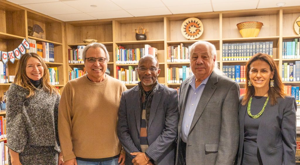 TIP Co-Director Sue Noe, Professor S. James Anaya, UN Special Rapporteur on the Rights of Indigenous Peoples Dr. Albert Barume, NARF Executive Director John Echohawk, and TIP Co-Director Kristen Carpenter at welcome reception, Jan. 13, 2025.