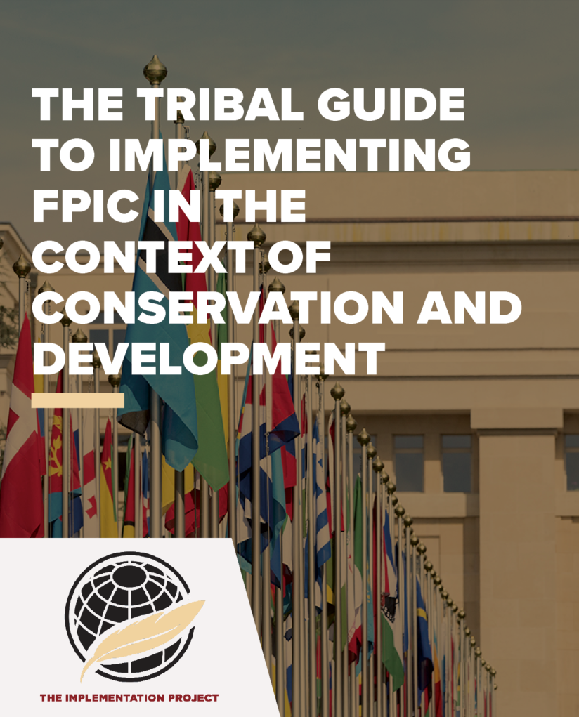 Picture of the cover of the FPIC Guide with text: The Tribal Guide to Implementing FPIC in the context of conservation and development