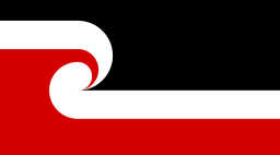 Flag with black red and white. With a wave-like swirl crossing horizontally through the middle.