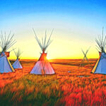 Native North American tipis at sunrise on the plains