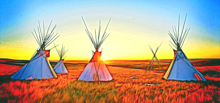 Native North American tipis at sunrise on the plains